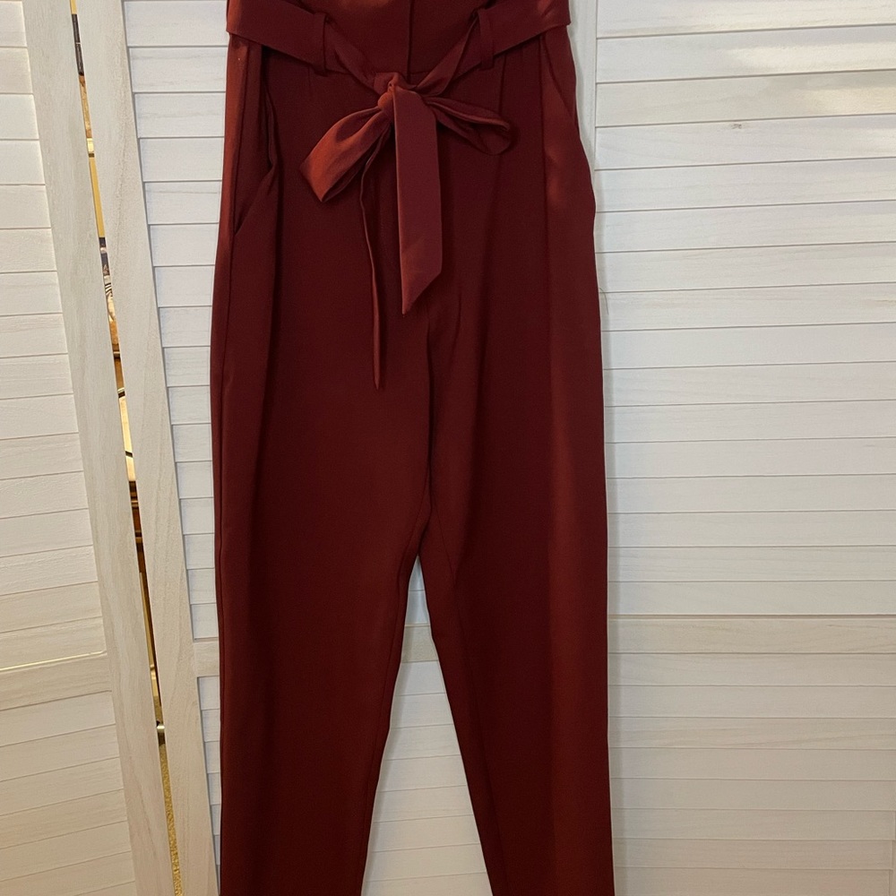 H&M Women's Burgundy Pants 4 Ruffled Pleaded Waist Belted Slack Dress Pant